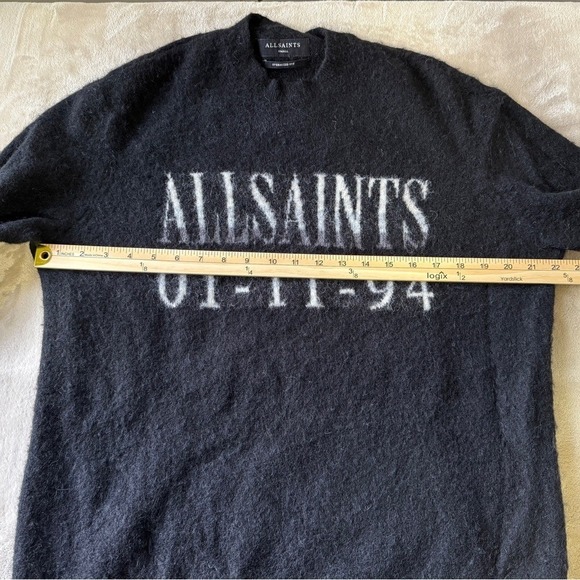 AllSaints Black Distressed Graphic Knit Sweater 01 11 94 Oversized Fit Men Small - Picture 5 of 7